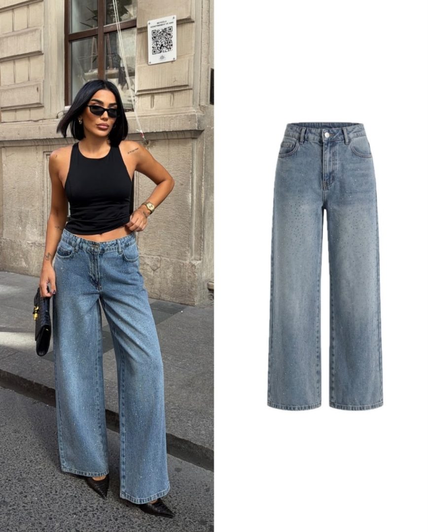 Geniş paça detaylı taşlı jeans