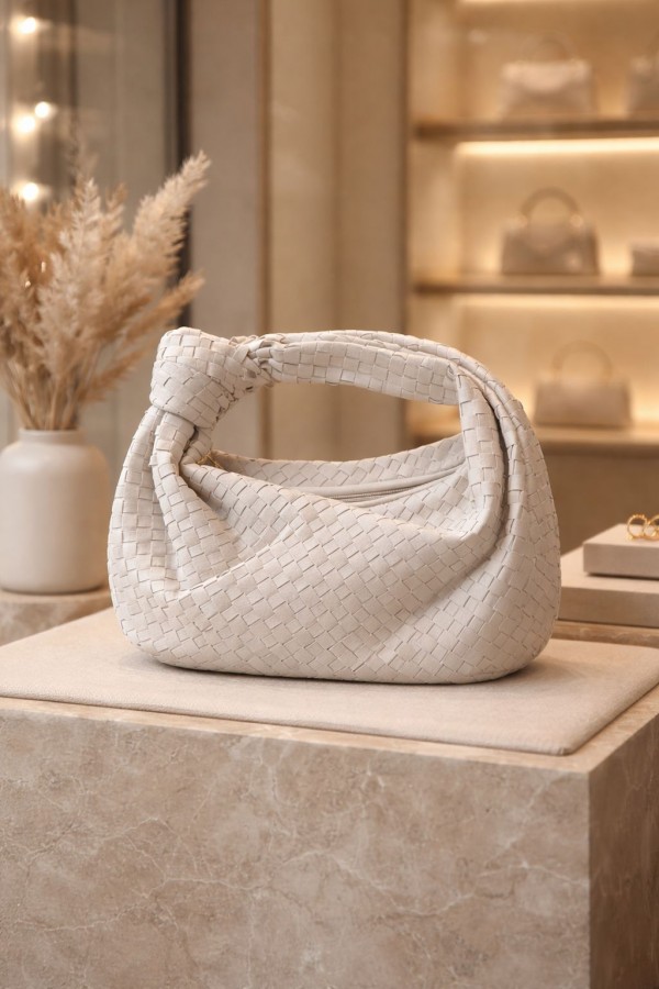 Suni Deri Örgü Model Ekru Çanta